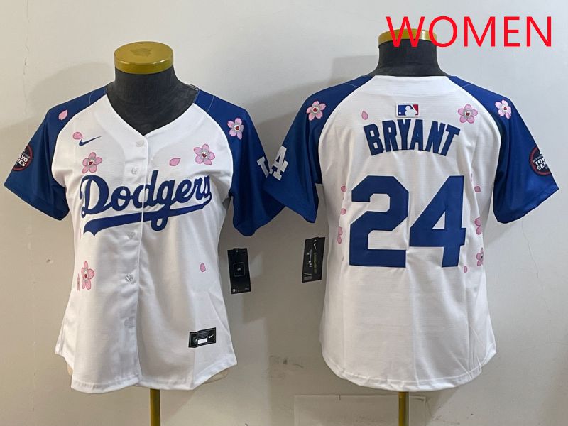 Women Los Angeles Dodgers 24 Bryant White Blue Sakura Edition 2025 Nike MLB Jersey style 1